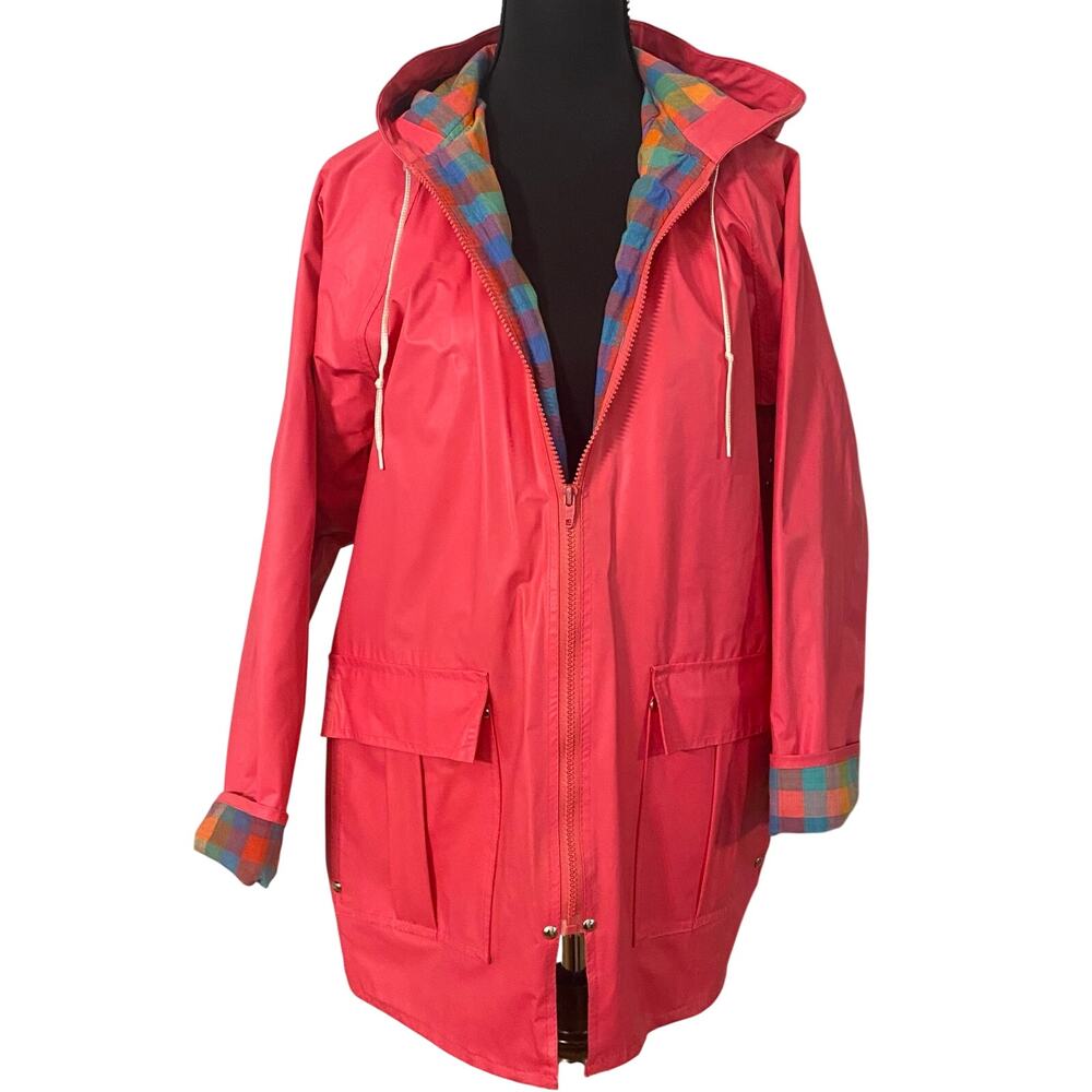 Misty Harbor Pink Hooded Rain Jacket Plaid Lined PVC Raincoat Women’s M